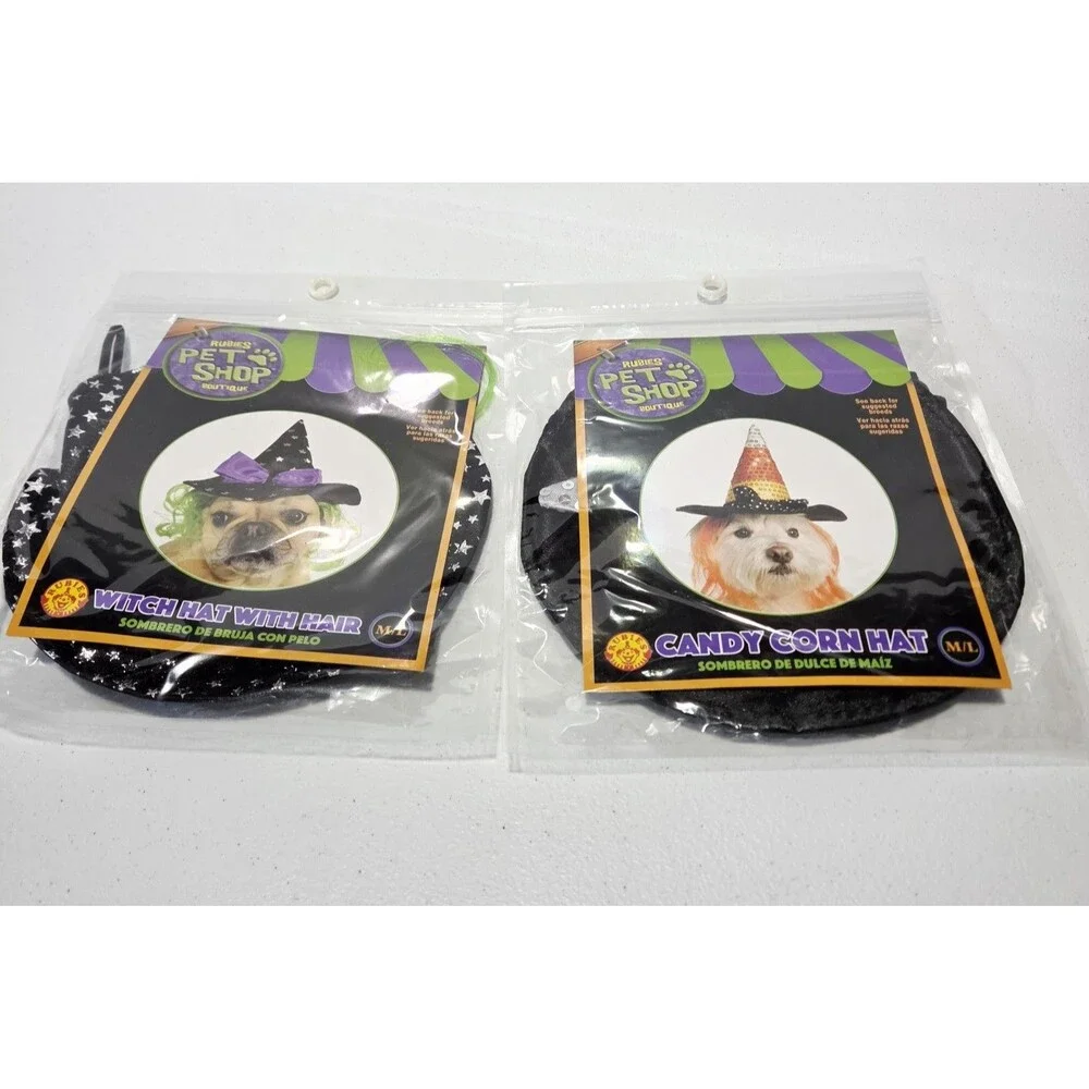 Set Of 2 Halloween Pet Costume Hats With Hair Candy Corn Witch